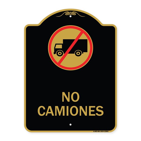 Spanish Traffic No Camiones No Trucks W/ Graphic, Black & Gold Alum Sign, 18" x 24", BG-1824-22881